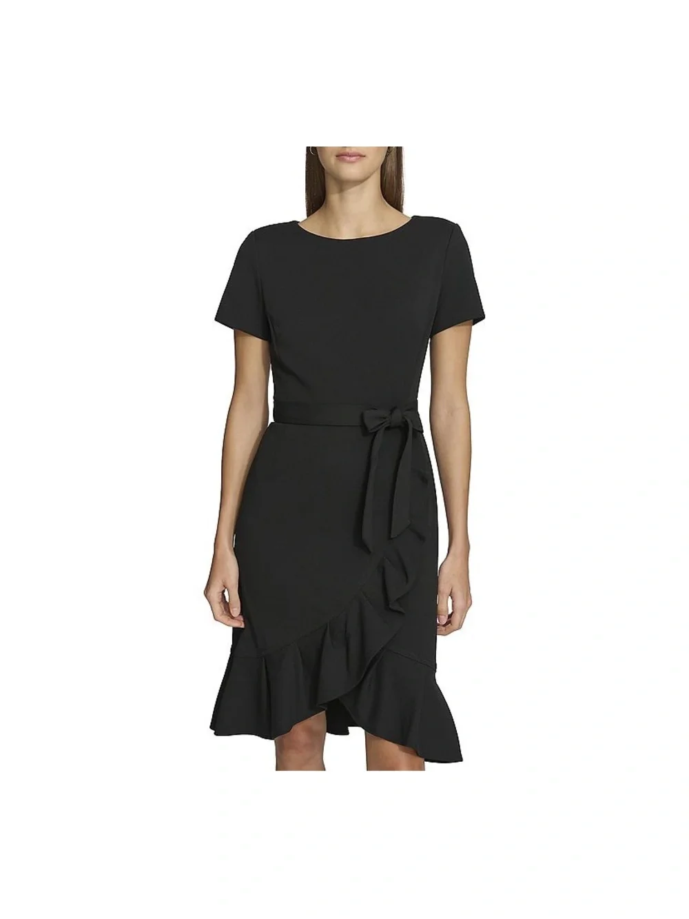 Andrew Marc Black Short-Sleeve Ruffle Wrap Midi Dress with Waist Tie